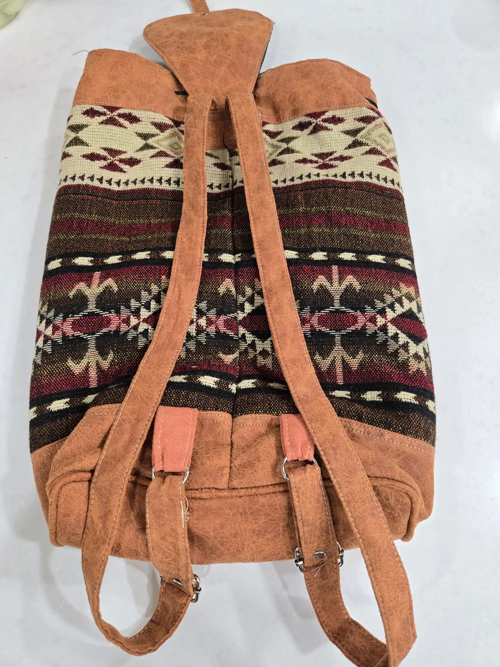 Boho Tribal Canvas Backpack with Tan Suede Trim